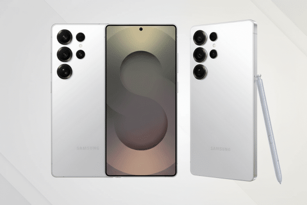 Three white Samsung Galaxy S2 3 Ultra smartphones are displayed against a soft gray and white gradient background. The phone in the center faces forward, while the other two are shown from the rear at slight angles, one with its accompanying S Pen.