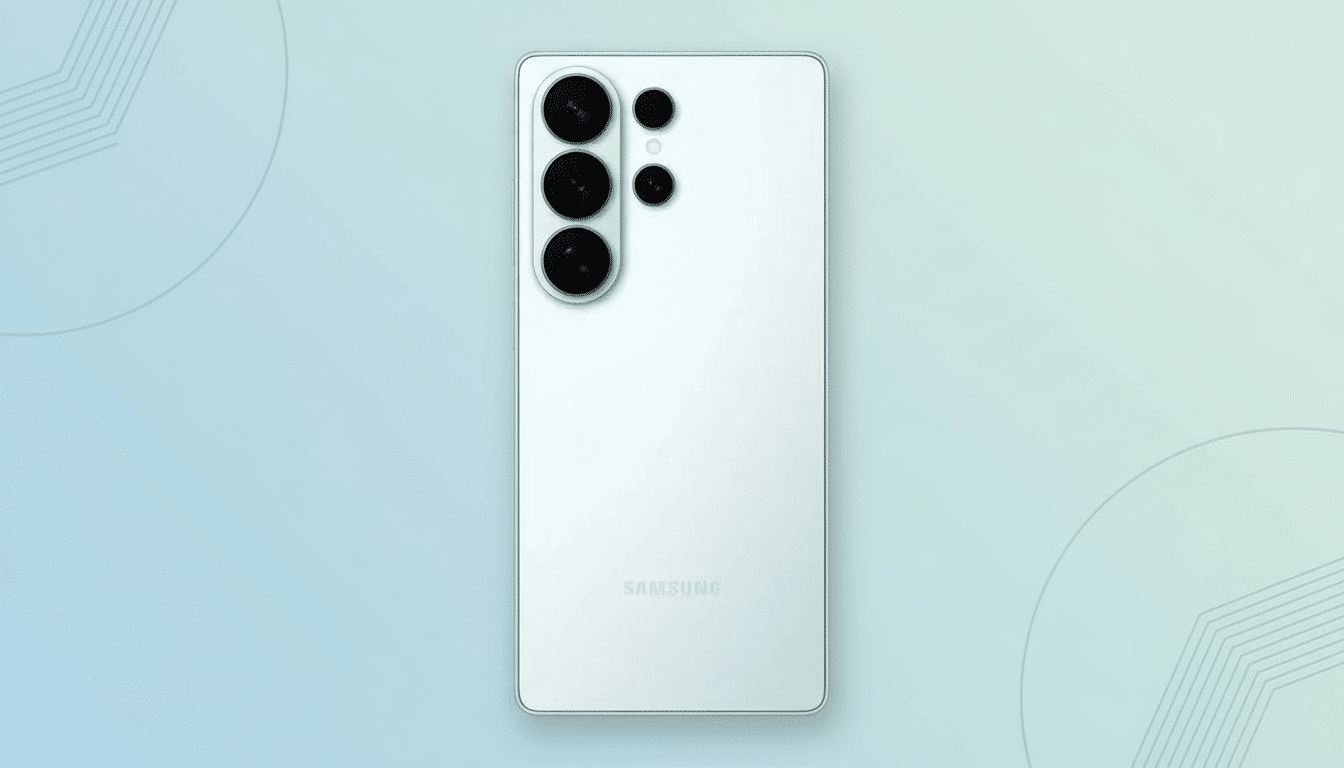 Back of a light green Samsung S2 3 Ultra smartphone with four cameras, centered on a light blue and green gradient background with subtle abstract patterns. Filename : samsungs 23ultra back professional .png