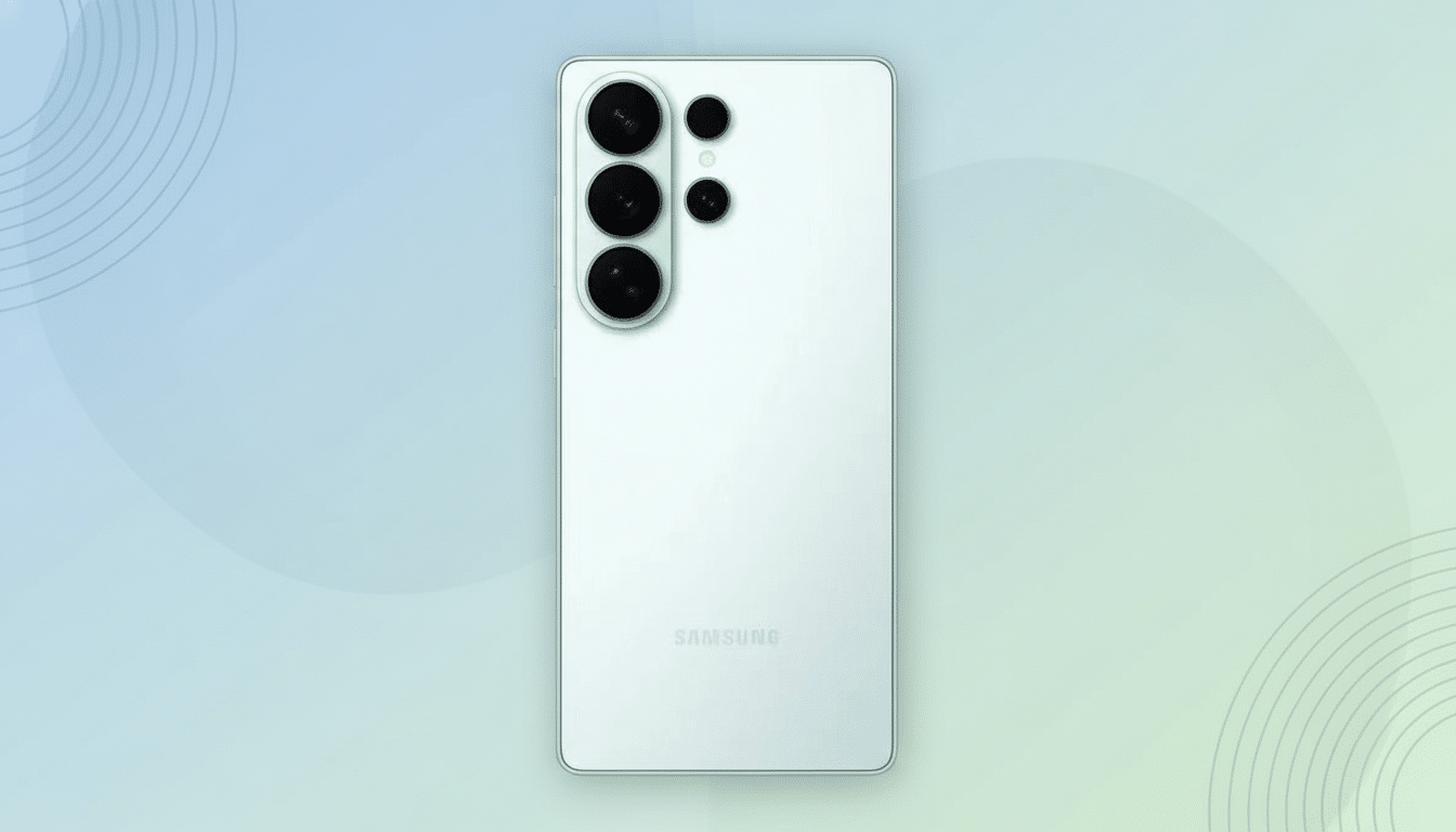 Professional , enhanced image of a light green Samsung smartphone seen from the back, with a soft bl