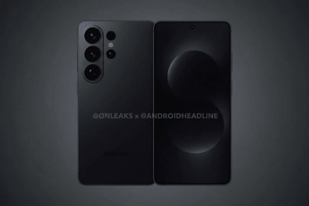 A professional image of the front and back of a dark gray Samsung smartphone, presented with a professional flat design background featuring a subtle