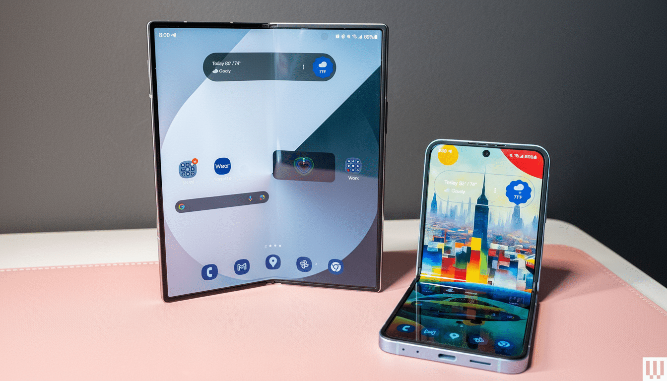 Two Samsung foldable phones , one large and one small, are displayed on a table . The larger phone is unfolded, showing its tablet -like screen with apps. The smaller phone is partially folded, displaying a colorful wallpaper .