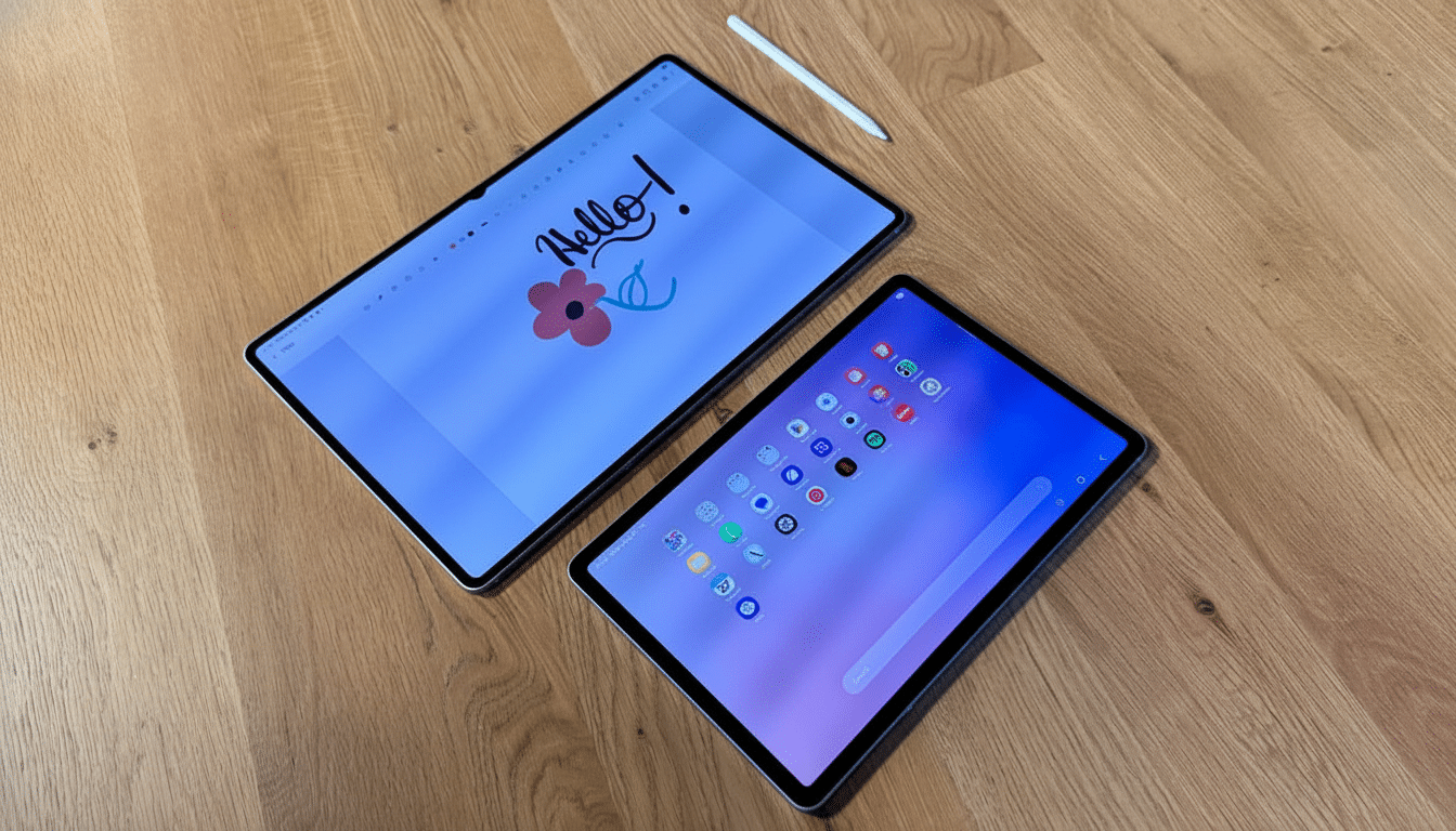 Two tablets on a wooden surface, one displaying Hello! and a flower , the other showing app icons, with a stylus nearby .