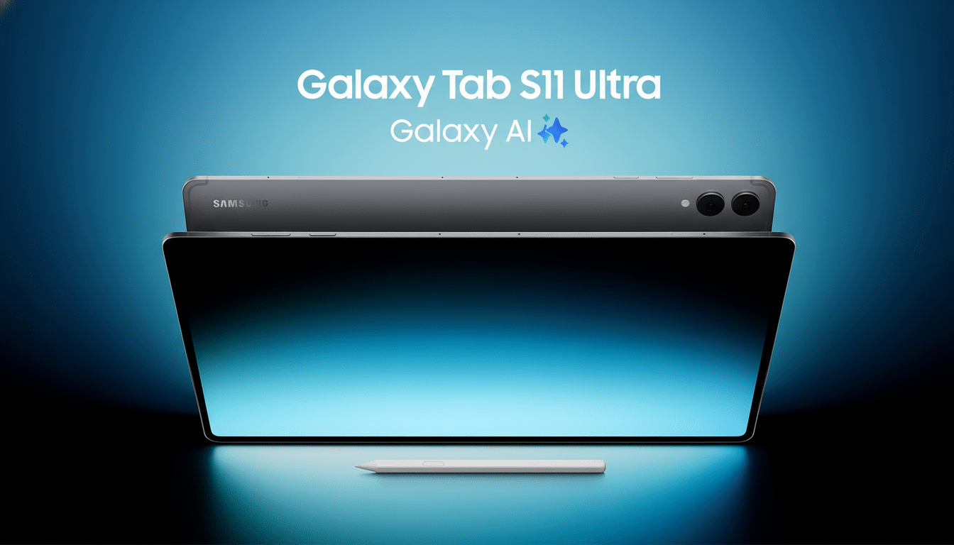 A Samsung Galaxy Tab S 11 Ultra in a dark gray finish , with its screen displaying a blue gradient , is presented in a horizontal orientation . Behind it, a second tablet is visible from its back , showcasing its camera setup . A white stylus lies horizontally in front of the tablets. The background is a vibrant blue with a subtle dark vignette around the edges. Above the tablets, the text Galaxy Tab S11 Ultra  and Galaxy AI with a sparkling diamond icon are prominently displayed.