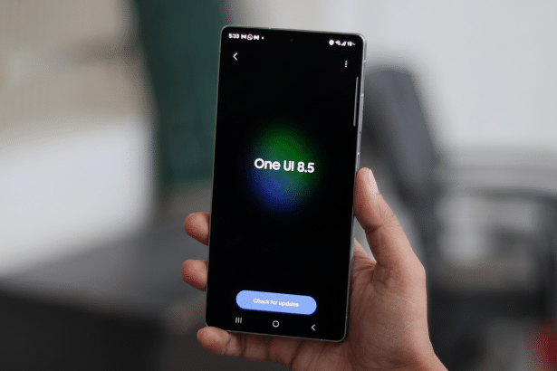 A hand holding a smartphone displaying One UI 8 .5 and a Check for updates button on a dark background.