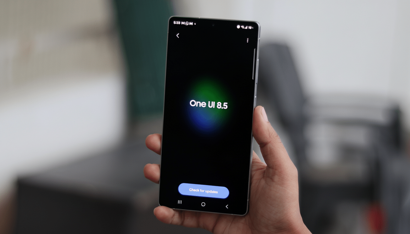 A hand holding a smartphone displaying One UI 8 .5 and a Check for updates button on a dark background.