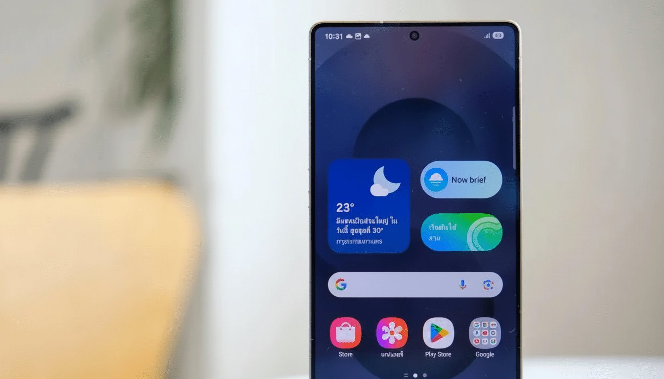 A modern smartphone displaying its home screen with a weather widget and app icons, set against a blurred background .