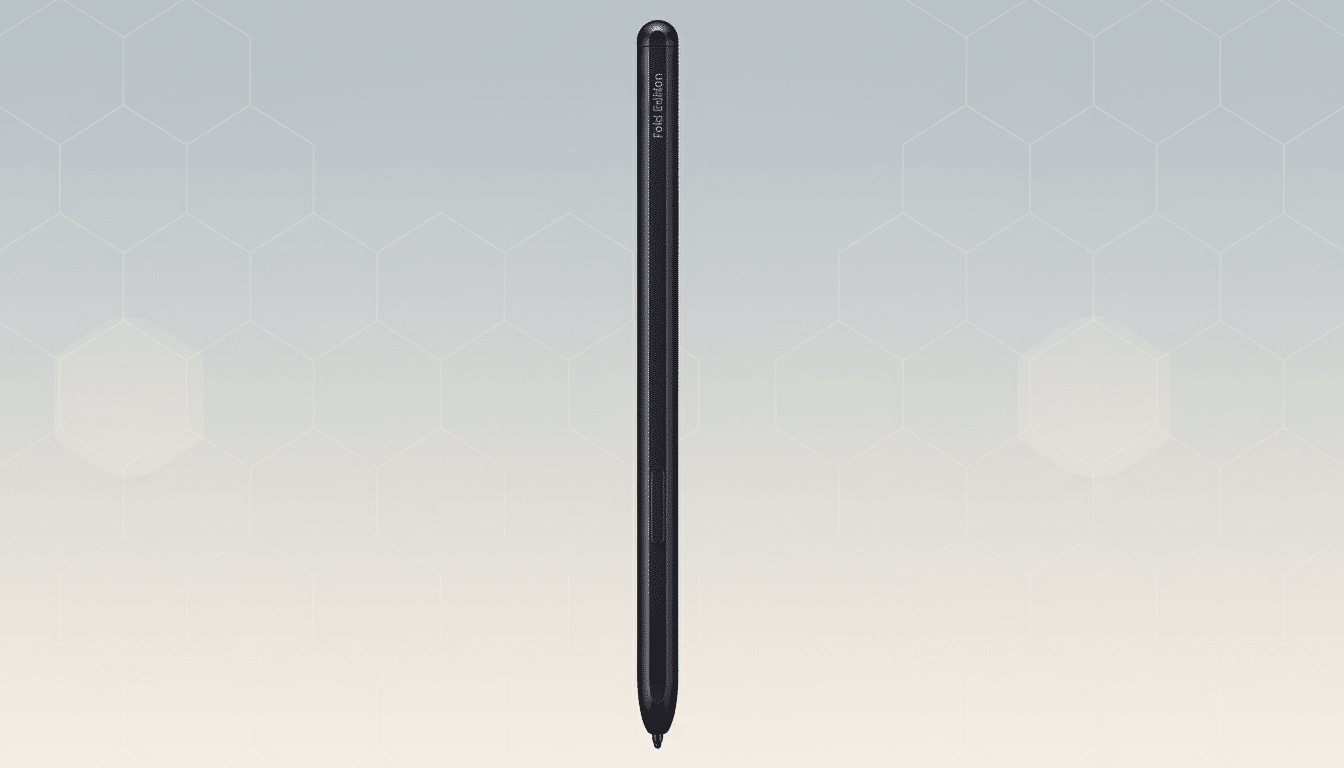 A professional image of a dark purple Samsung S Pen Fold Edition stylus , centered vertically against a subtle light gray and white hexagonal patterned background. Filename : samsungs penfold editionstyl us.png