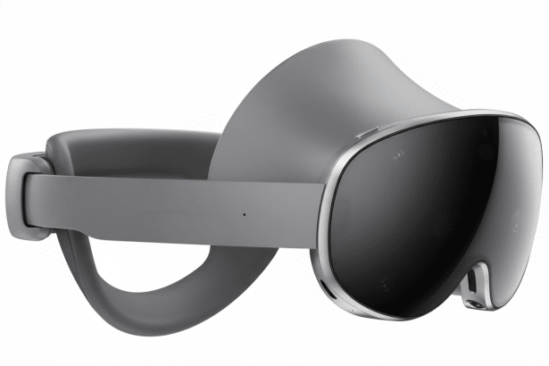 A professional image of the Meta Quest Pro VR headset, resized to a 16:9 aspect ratio, showcasing its grey and black design with a clean , white background. Filename : metaquest provr headset 169 . png