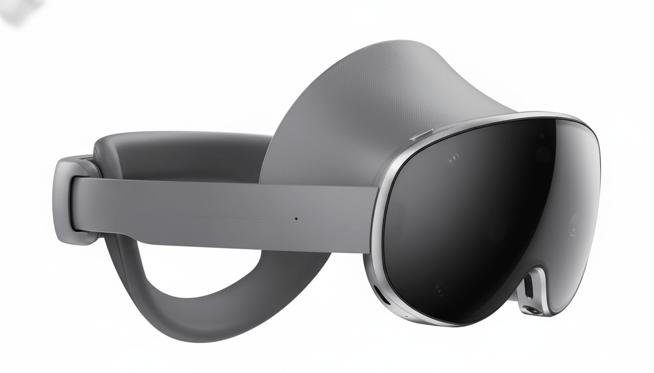 A professional image of the Meta Quest Pro VR headset, resized to a 16:9 aspect ratio, showcasing its grey and black design with a clean , white background. Filename : metaquest provr headset 169 . png