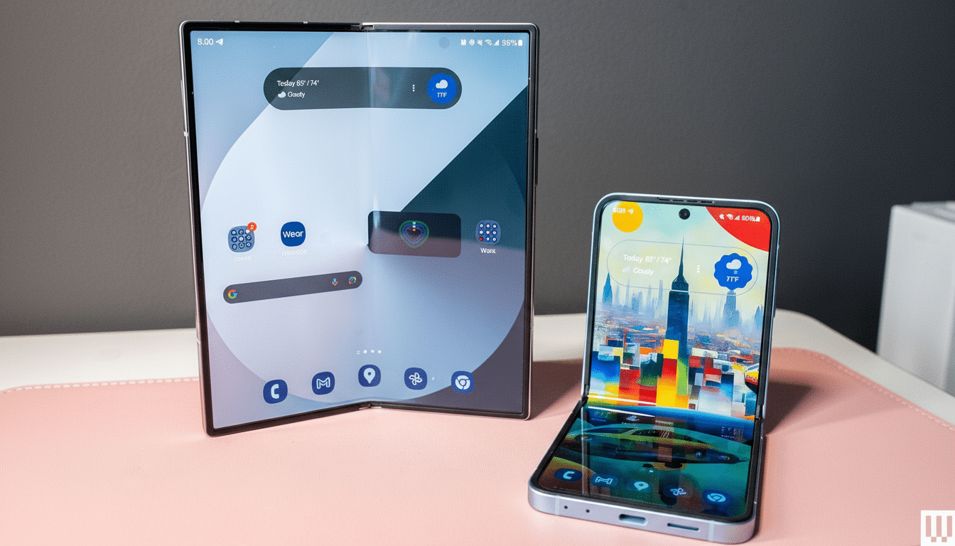 Two Samsung foldable phones , a larger Z Fold series and a smaller Z Flip series, displayed on a desk with a pink mat . The Z Fold is open , showing a tablet -like display with apps , while the Z Flip is partially folded , revealing a cityscape wallpaper .