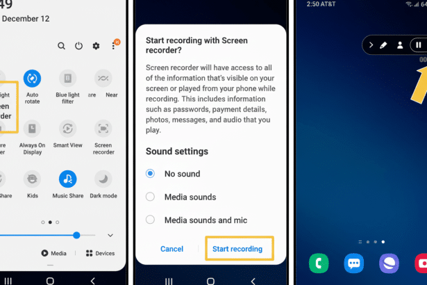 Three screenshots detailing the steps to start a screen recording on a Samsung phone . The first shows the notification panel with Screen recorder highlighted. The second shows the Start recording with Screen recorder ? prompt with Start recording highlighted . The third shows the screen recording overlay with the elapsed time and a stop button.