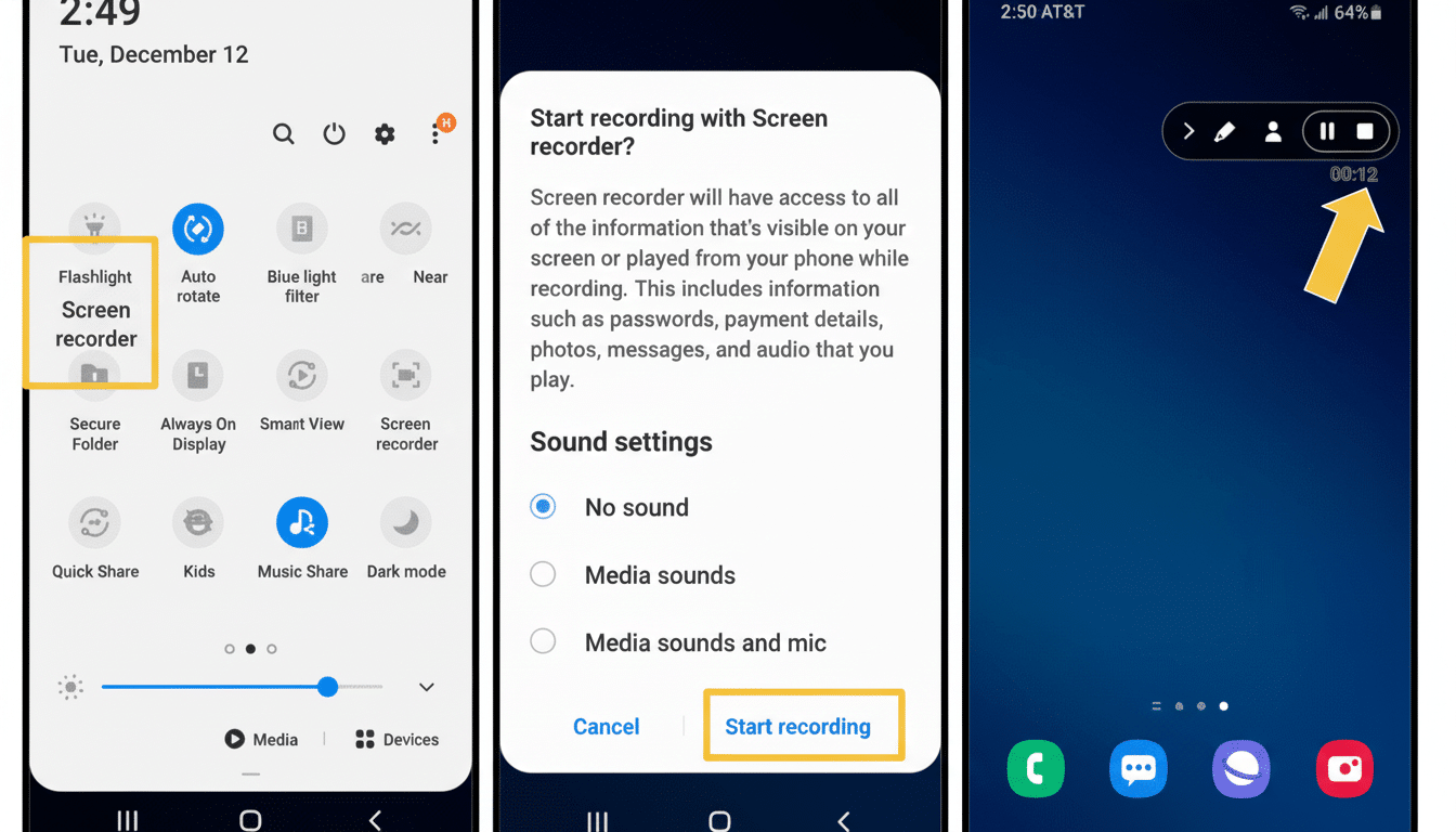 Three screenshots detailing the steps to start a screen recording on a Samsung phone . The first shows the notification panel with Screen recorder highlighted. The second shows the Start recording with Screen recorder ? prompt with Start recording highlighted . The third shows the screen recording overlay with the elapsed time and a stop button.