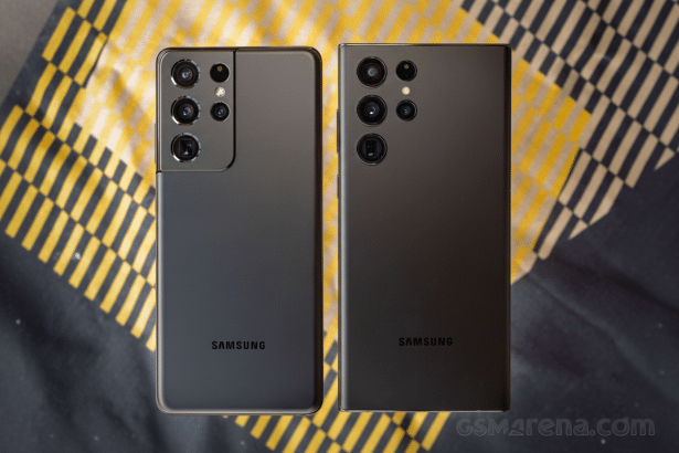 A professional, enhanced image of two Samsung smartphones side -by-side, showcasing their rear designs and camera modules. The left phone has a distin