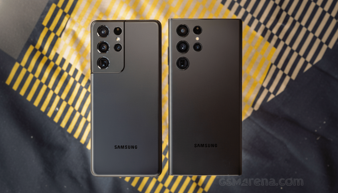 A professional, enhanced image of two Samsung smartphones side -by-side, showcasing their rear designs and camera modules. The left phone has a distin