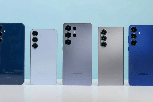Five Samsung smartphones, in various shades of blue, purple, and gray, are lined up neatly against a light blue background.