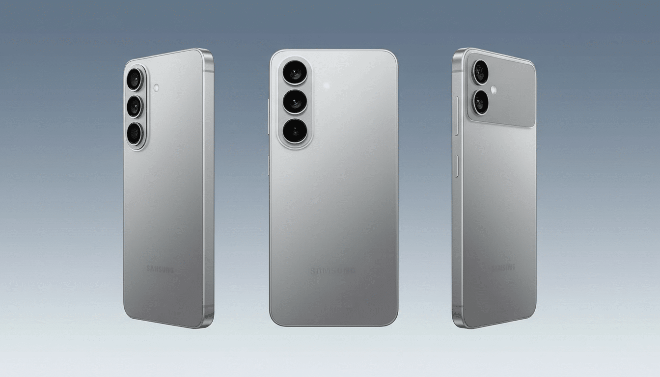 A professional image of three silver Samsung smartphones, with the middle phone facing directly forward , and the other two angled to the sides , against a subtle gradient background .