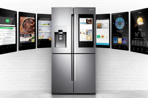 A professional shot of a Samsung smart refrigerator surrounded by several digital tablets displaying various app interfaces, including weather , music, and food delivery .