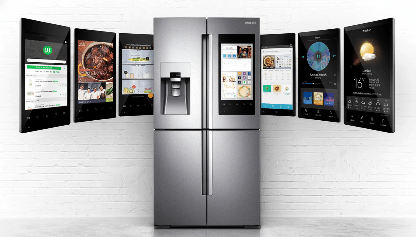 A professional shot of a Samsung smart refrigerator surrounded by several digital tablets displaying various app interfaces, including weather , music, and food delivery .