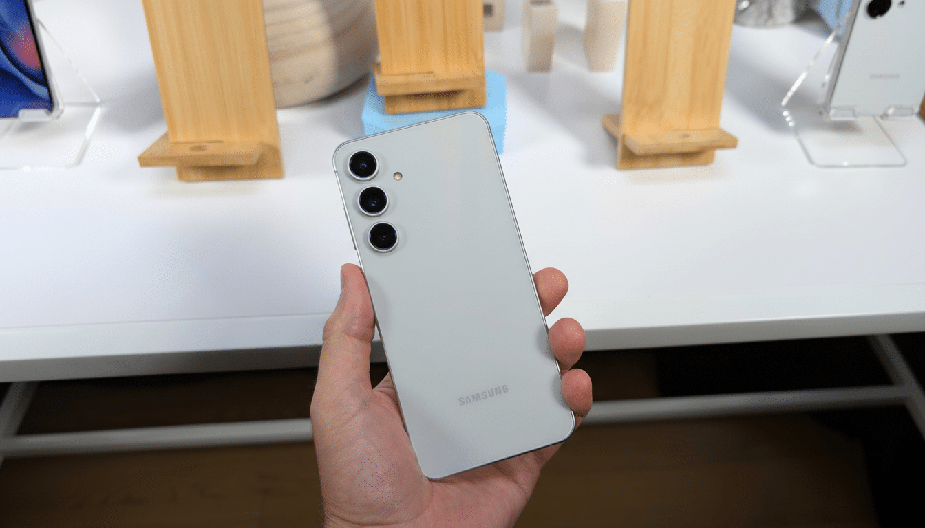 A hand holding a silver Samsung smartphone, viewed from the back, with a triple camera setup visible.