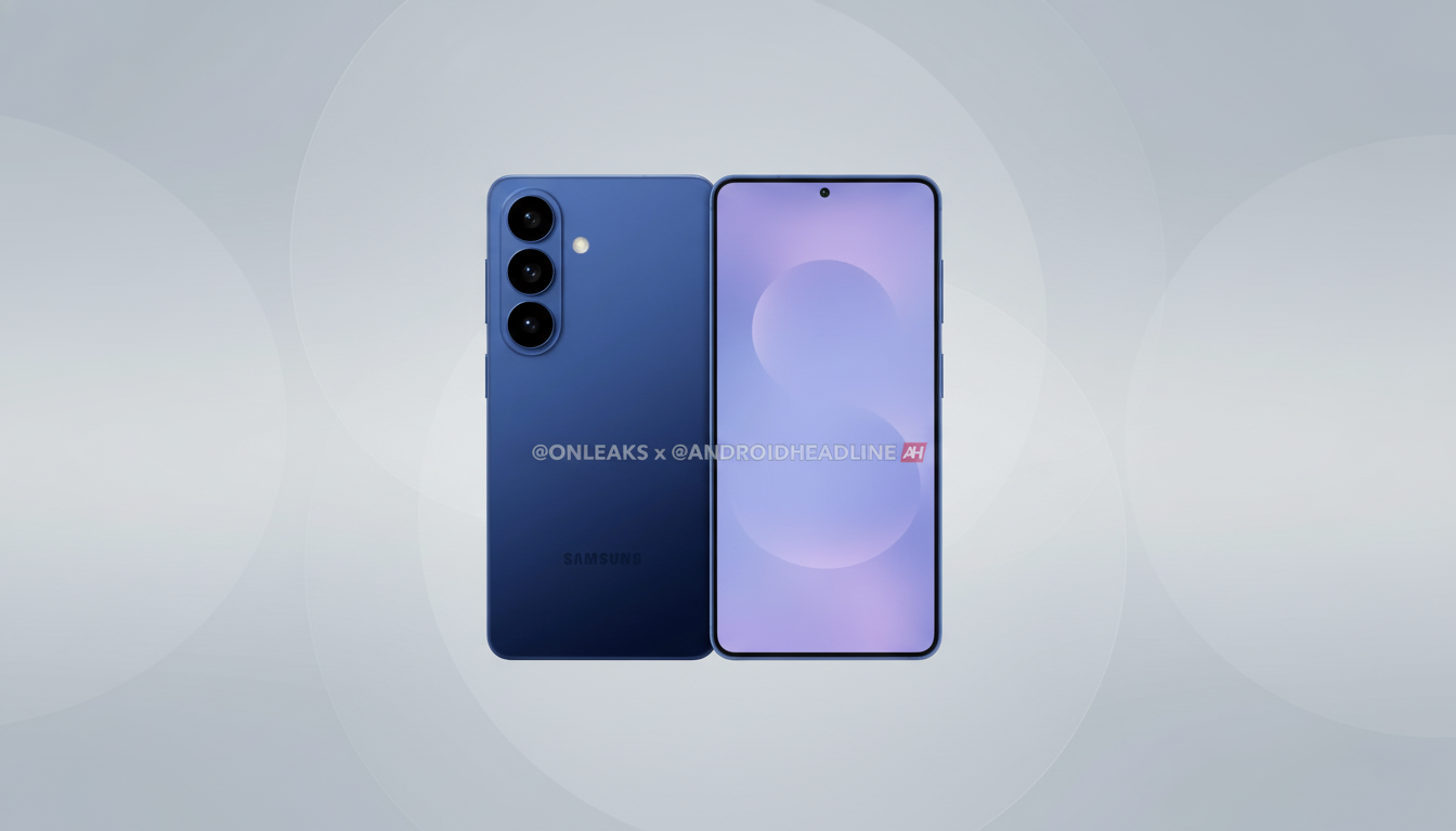 A blue Samsung smartphone is displayed , showing both its front and back. The phone's screen has a soft, light purple and white abstract background . The background has been updated to a professional flat design with soft patterns and gradients.