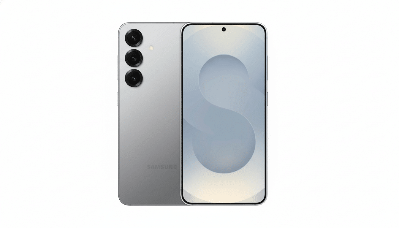 A silver Samsung smartphone , showing both the front screen with a subtle abstract design and the back with a triple camera setup and the Samsung logo.