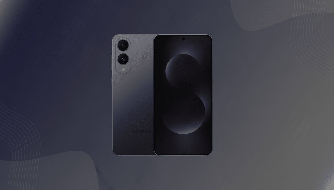 A professional 16:9 aspect ratio image of a black Samsung smartphone , showing both the front and back, placed against a clean , soft gradient background with subtle wave patterns. Filename : samsungsmartphone professional display .png