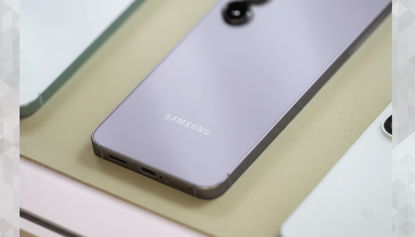 The resized image shows a close -up of the back of a purple Samsung smartphone with a new flat desig