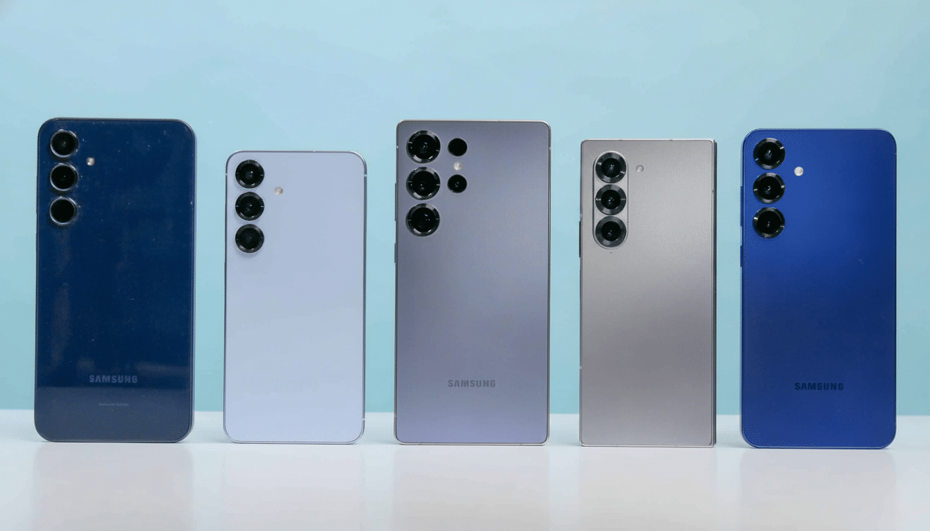 Five Samsung smartphones in various colors (dark blue, light purple, dark purple, silver, and blue) are lined up against a light blue background.