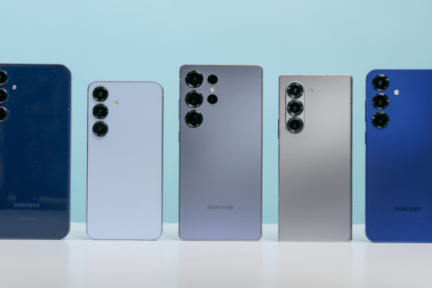 A professional shot of five Samsung smartphones in different colors ( dark blue, light purple , dark purple, silver, and blue ) lined up side-by -side against a light blue background , resized to a 16: 9 aspect ratio.