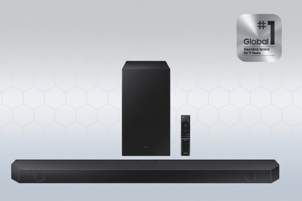 A Samsung soundbar, subwoofer , and remote control are displayed in a clean, professional setting against a light gray background with a subtle hexagonal pattern. A Global #1 Sound bar brand for 11 Years badge is in the upper right corner .