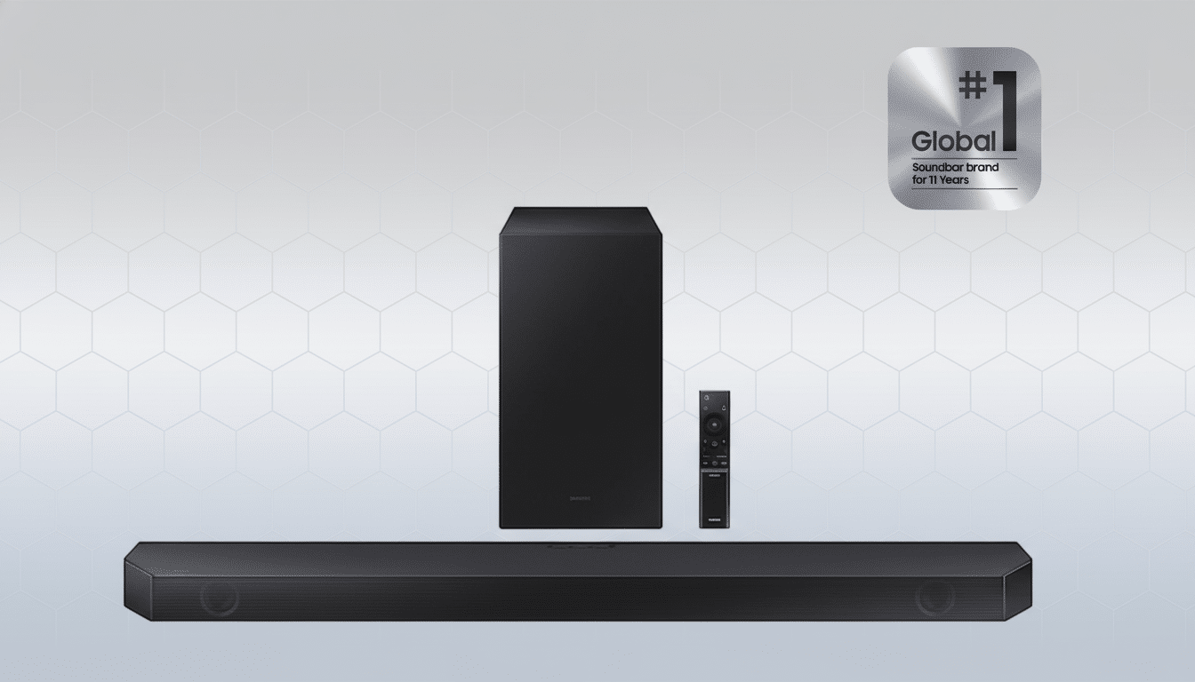 A Samsung soundbar, subwoofer , and remote control are displayed in a clean, professional setting against a light gray background with a subtle hexagonal pattern. A Global #1 Sound bar brand for 11 Years badge is in the upper right corner .