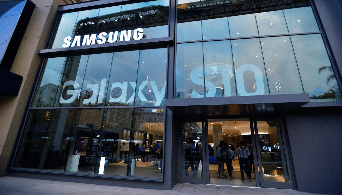 The exterior of a Samsung store with S AMSUNG and Galaxy S10 branding on the large glass windows. People are visible entering the store through open glass doors.