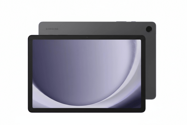 A front and back view of a dark gray Samsung tablet, presented on a clean white background. The front screen displays a purple and white abstract wave design .