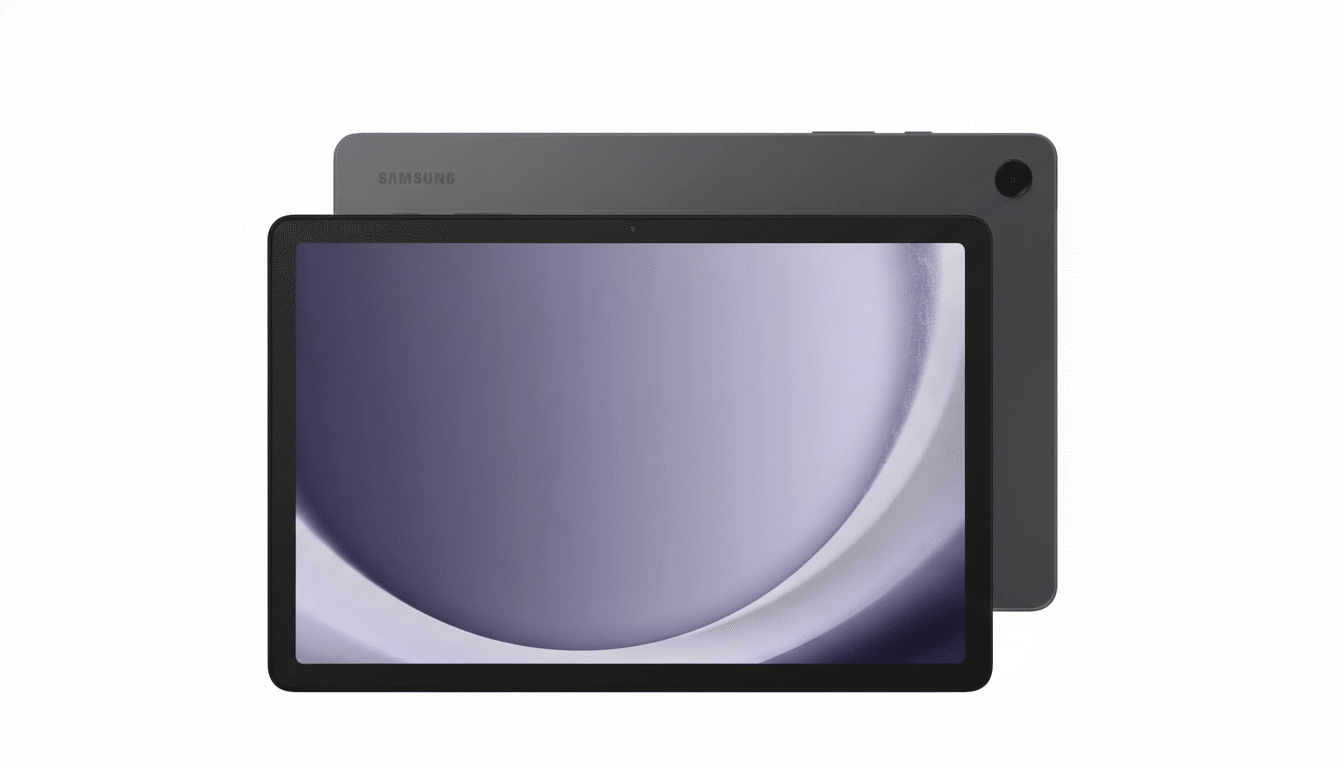 A front and back view of a dark gray Samsung tablet, presented on a clean white background. The front screen displays a purple and white abstract wave design .