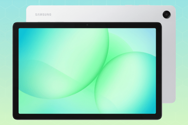 A white Samsung tablet with a black screen displaying green and blue abstract shapes, set against a soft, gradient background with subtle hexagonal pa