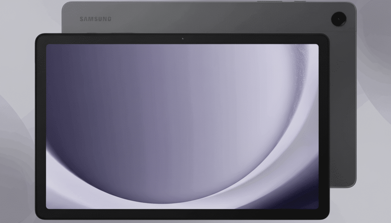 A professional shot of a dark gray Samsung tablet with a subtle gradient background in a 16:9 aspect ratio. The front of the tablet displays a purple and white abstract wave pattern , while the back shows the Samsung logo and camera lens. Filename : samsungtablet professional .png