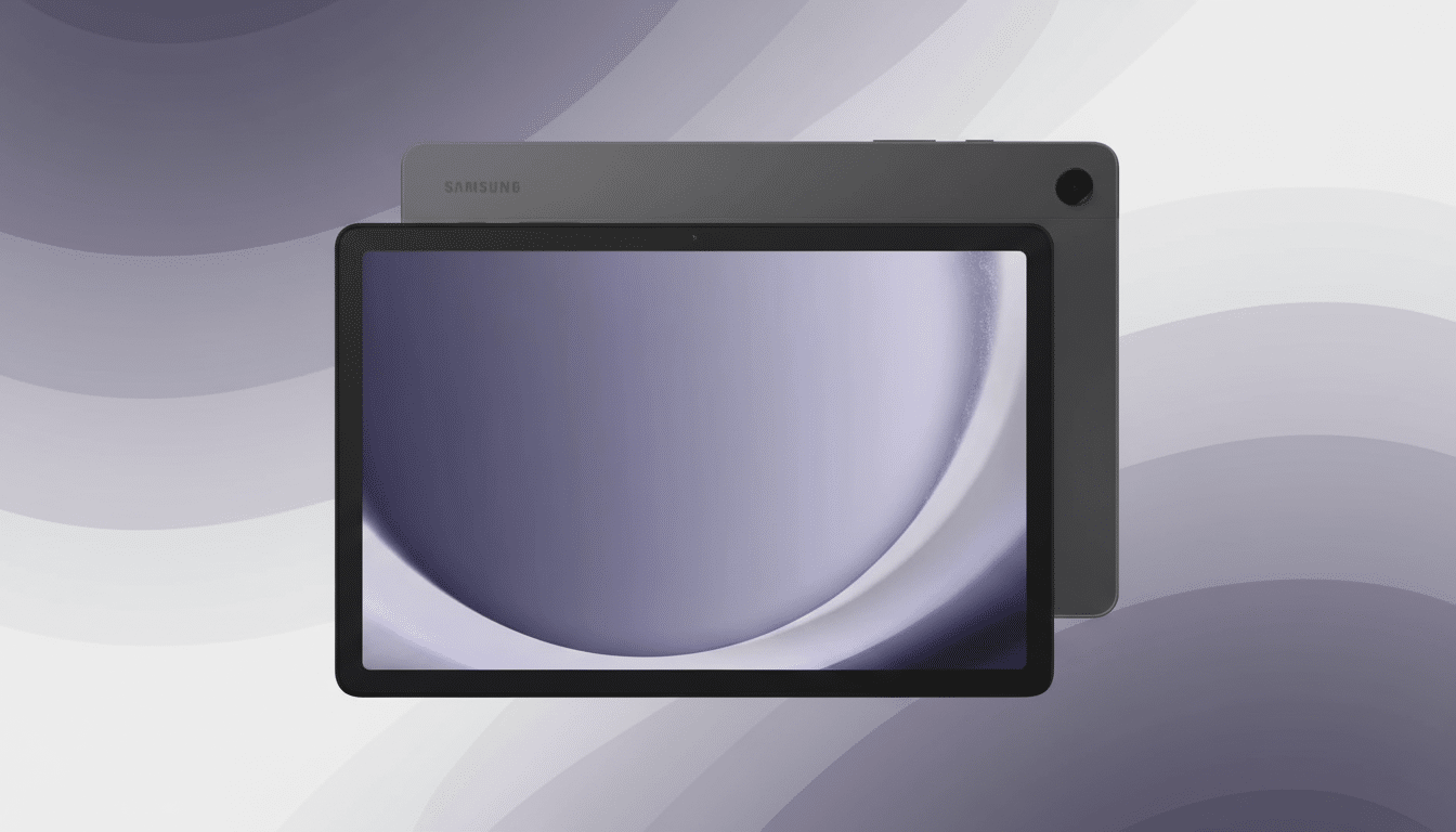 A dark gray Samsung tablet shown from the front with a purple- toned screen, and another dark gray Samsung tablet shown from the back, all against a p