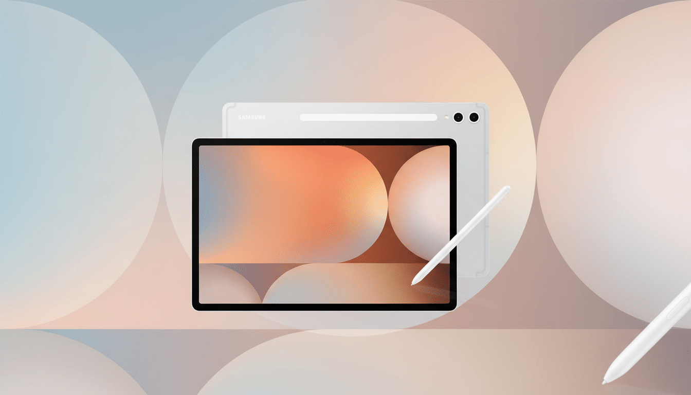 A professional 16:9 image of a Samsung tablet and S Pen with a soft gradient and patterned background.