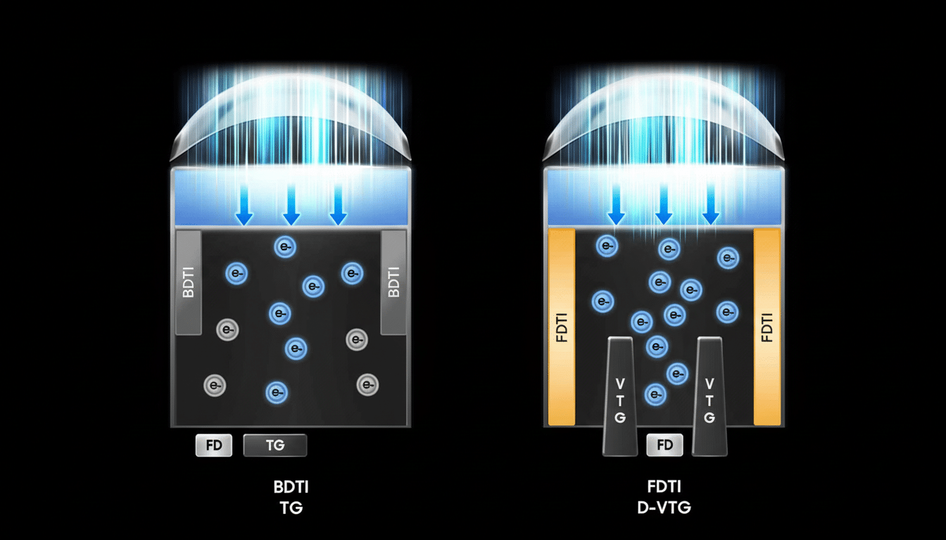 A technical diagram comparing two semiconductor technologies, BDTI and FDTI D -VTG, showing electron flow and component placement within each structur