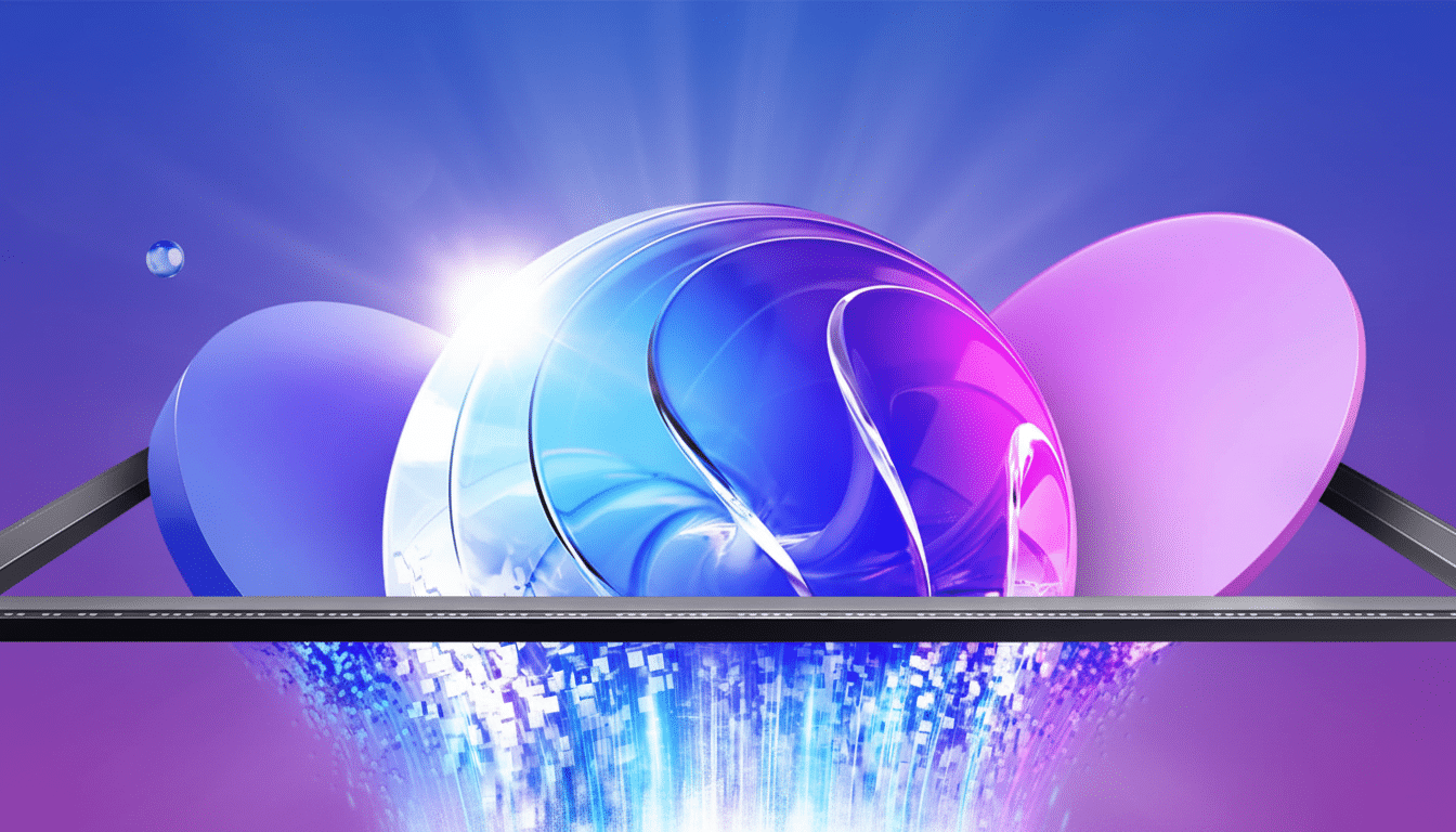 An abstract image featuring a large blue and purple orb with glowing elements, set against a gradient background, with digital light particles emanati