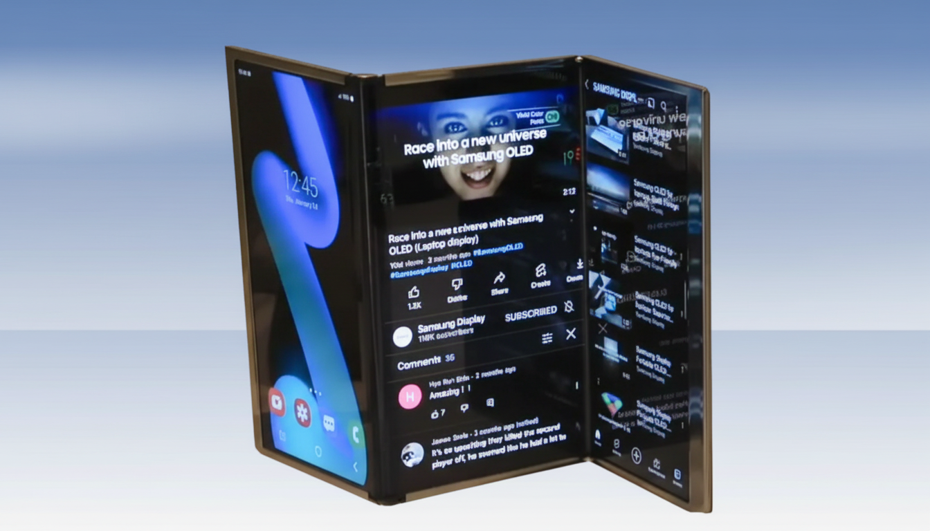 A Samsung foldable display device, resembling a tablet that folds into three sections, is shown displaying a YouTube video on its central screen and a list of other videos on its rightmost screen. The device is set against a professional flat design background with a soft blue gradient.
