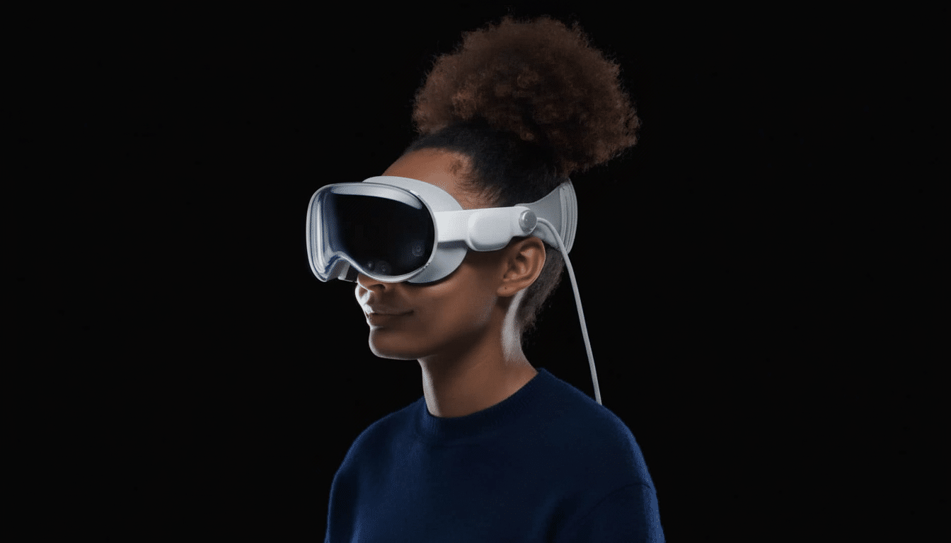 A person with dark, curly hair in a bun wearing a white and grey virtual reality headset , looking slightly to the right against a plain dark background .