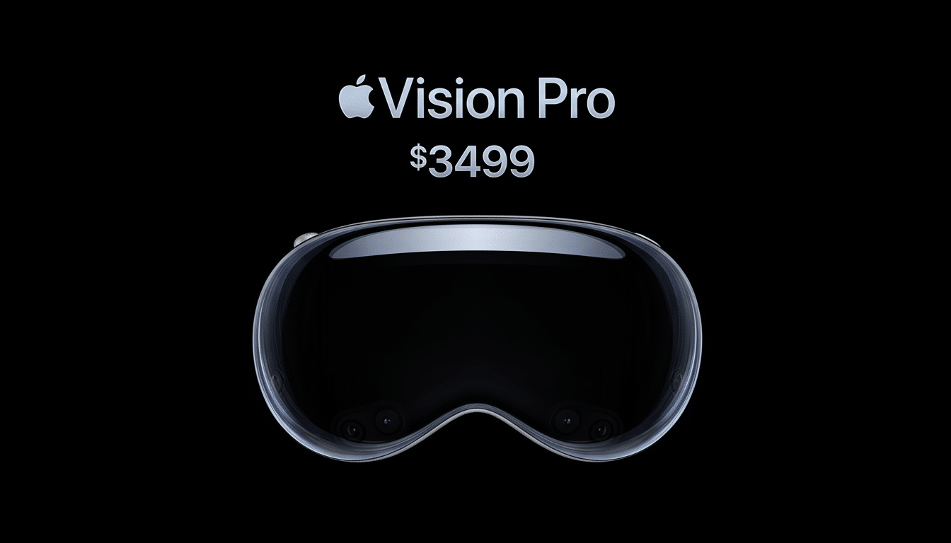 The Apple Vision Pro headset shown on a black background with Apple Vision Pro and 9 9 text above it. Filename : applevision prohead set. png