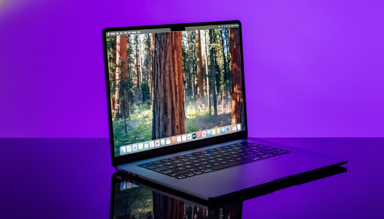 A MacBook Pro displaying a forest wallpaper, set against a vibrant purple background.