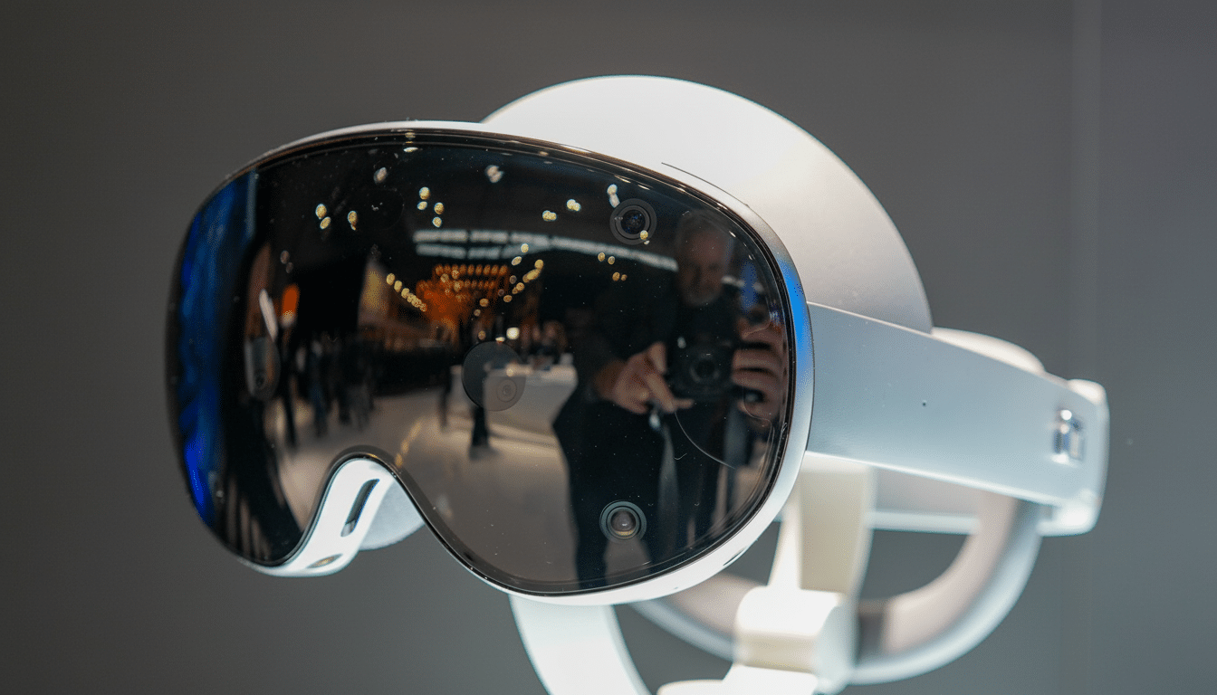 A professional shot of a virtual reality headset, with the original background slightly blurred and a wider aspect ratio to maintain focus on the product.