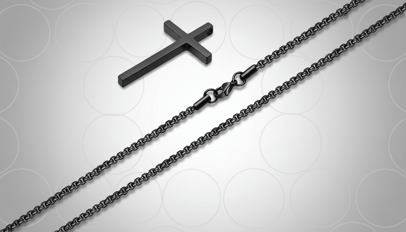 Professional studio shot of a black stainless steel chain with a cross pendant and clasp, presented on a subtle grey patterned background. Filename : blackcross chainprofessional . png