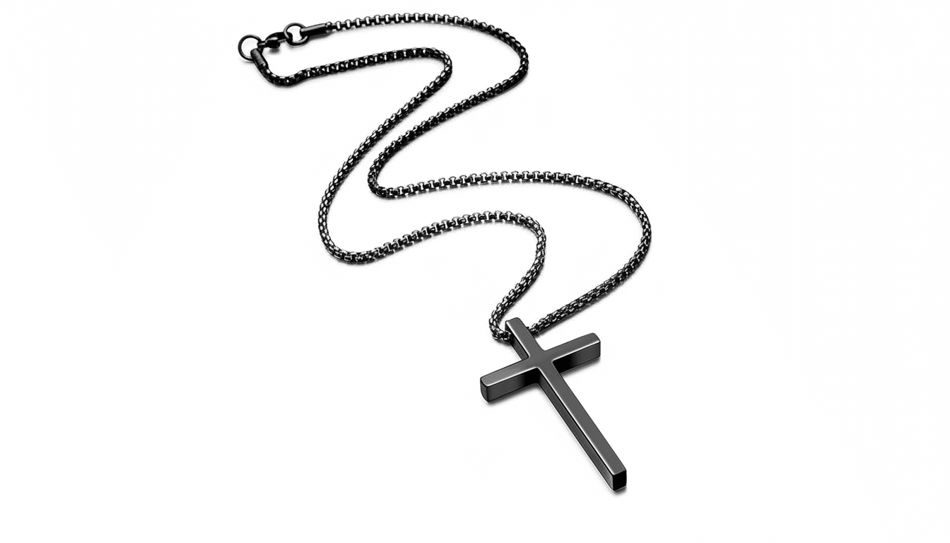 A professional , enhanced image of a black metal cross necklace on a white background, resized to a 16: 9 aspect ratio.