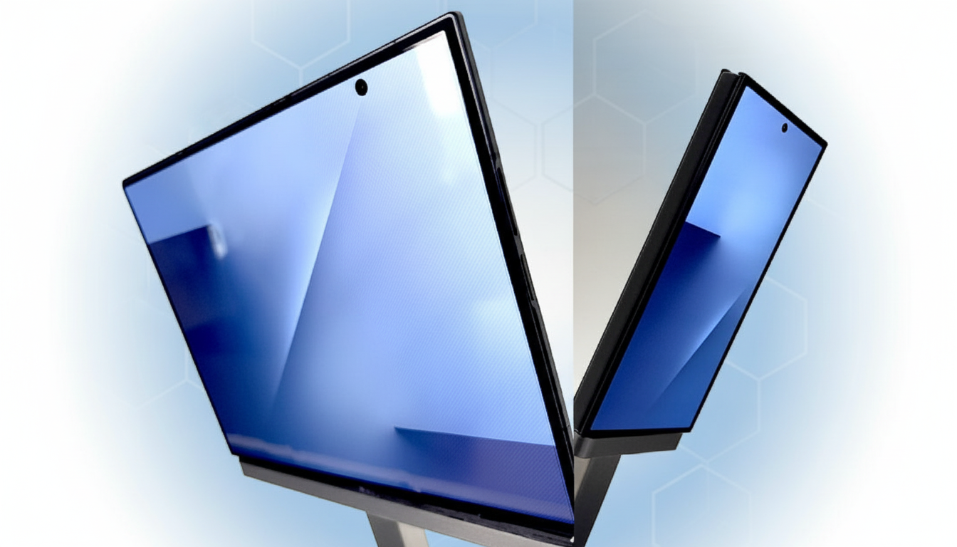 A professional image of two monitors displaying blue screens, set against a light blue and white gradient background with subtle hexagonal patterns.