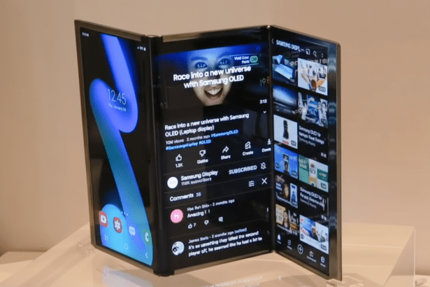 A professional shot of a Samsung foldable display device in a 16 :9 aspect ratio , showcasing its multi -screen capabilities with a video playing on one panel and a home screen on another. The original background is maintained .