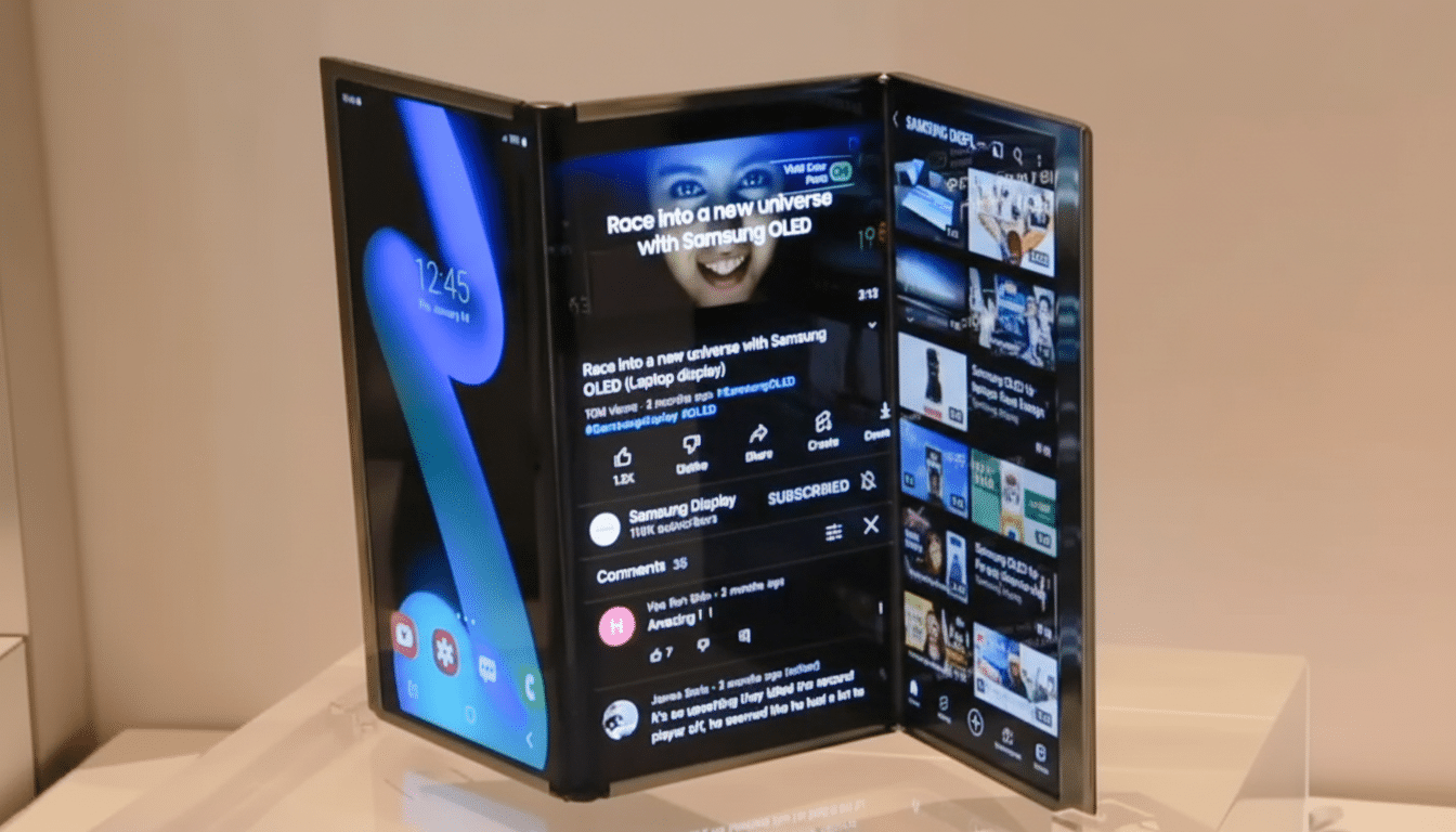 A professional shot of a Samsung foldable display device in a 16 :9 aspect ratio , showcasing its multi -screen capabilities with a video playing on one panel and a home screen on another. The original background is maintained .